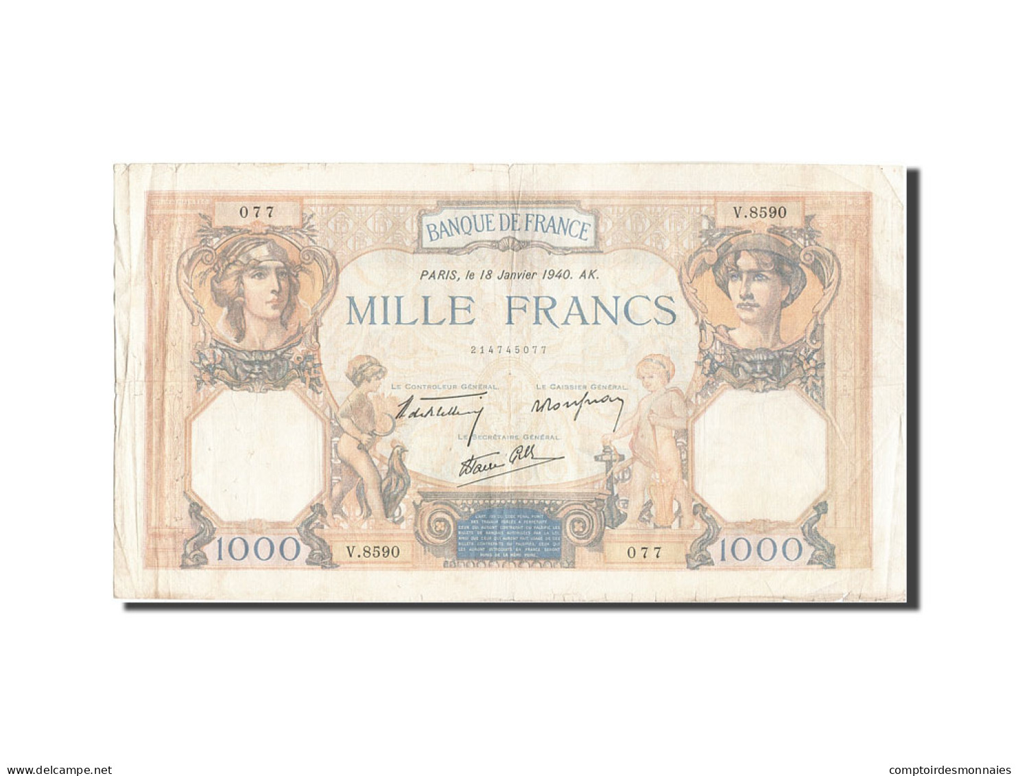 Billet, France, 1000 Francs, 1 000 F 1927-1940 ''Cérès Et Mercure'', 1940 - 1 000 F 1927-1940 ''Cérès Et Mercure''