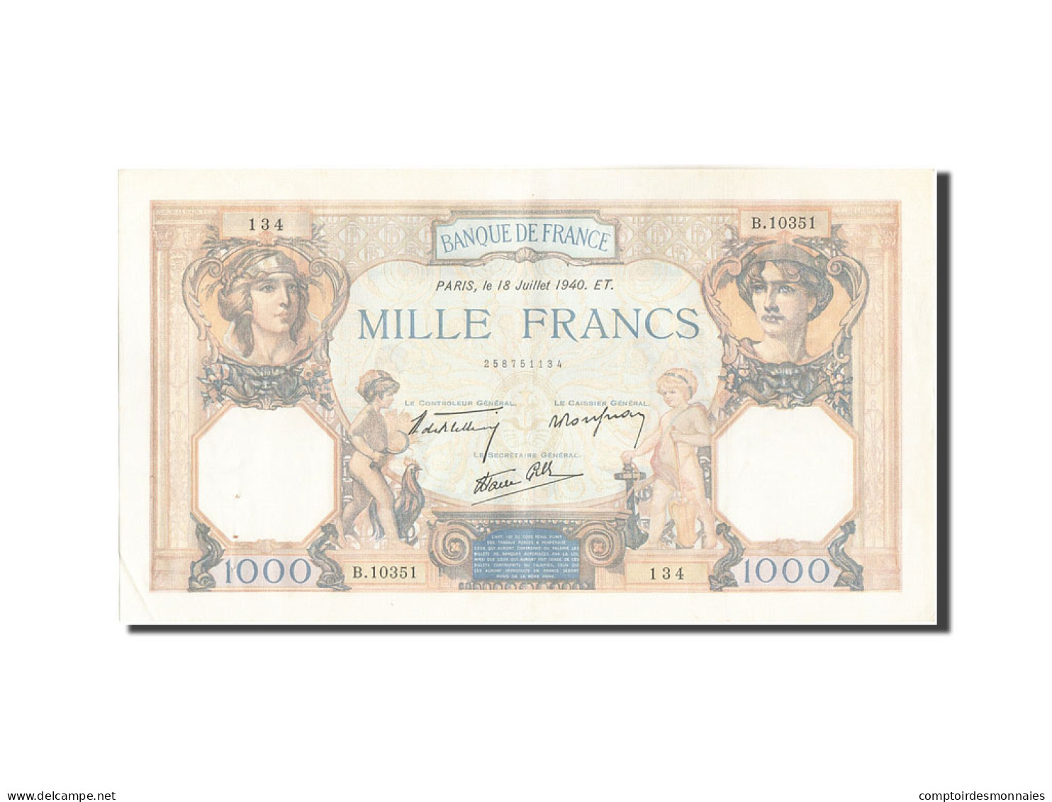 Billet, France, 1000 Francs, 1 000 F 1927-1940 ''Cérès Et Mercure'', 1940 - 1 000 F 1927-1940 ''Cérès Et Mercure''