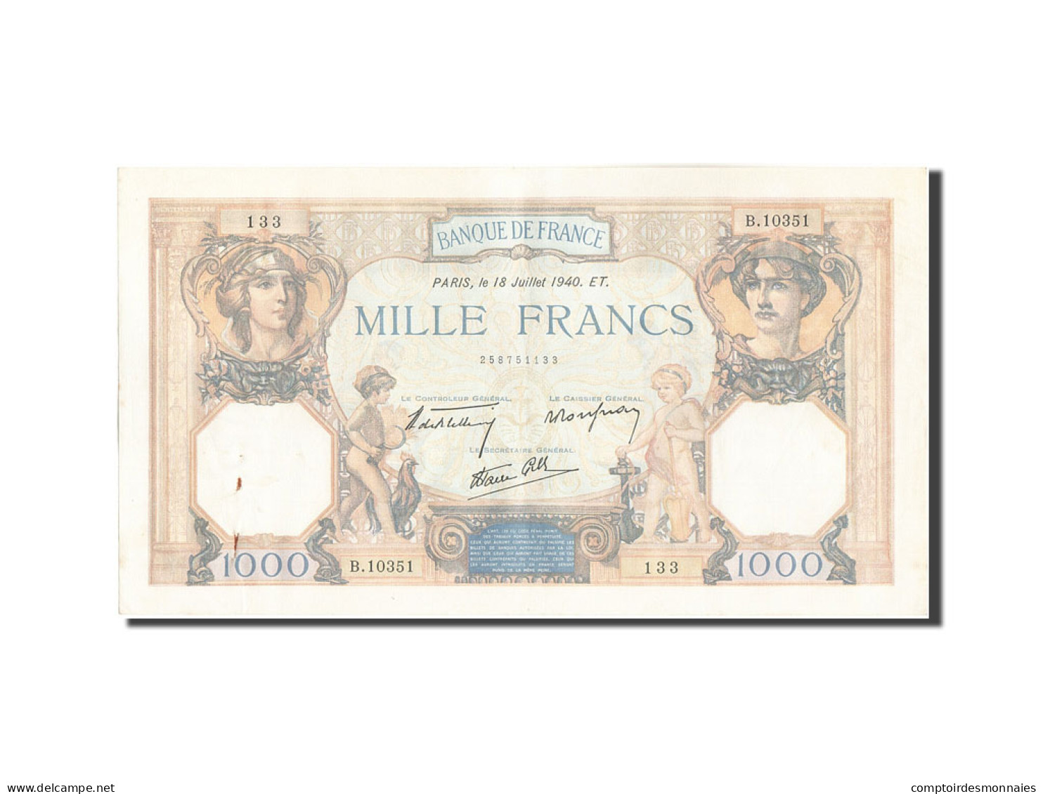 Billet, France, 1000 Francs, 1 000 F 1927-1940 ''Cérès Et Mercure'', 1940 - 1 000 F 1927-1940 ''Cérès Et Mercure''