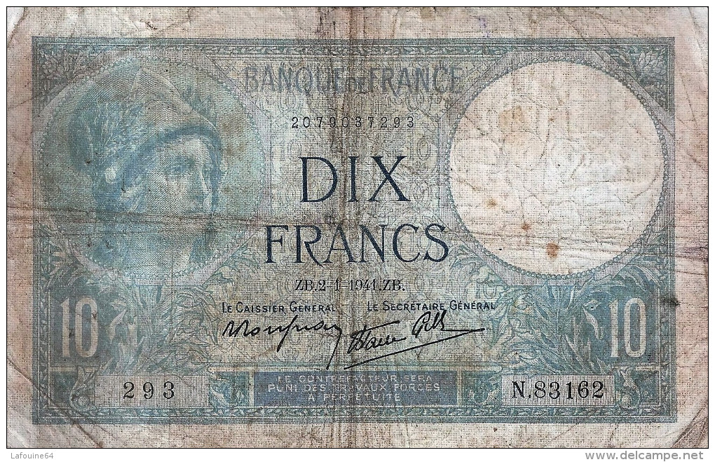 FRANCE - Billet De 10 Francs "Minerve" De 1941  (recto-verso) - 10 F 1916-1942 ''Minerve''