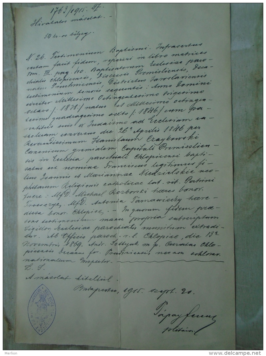 D137988.11 Old Document  Hungary  Poland  COPY  -Stanislaw Czaykowski  Premysl Chlopicensi 1915 - Engagement