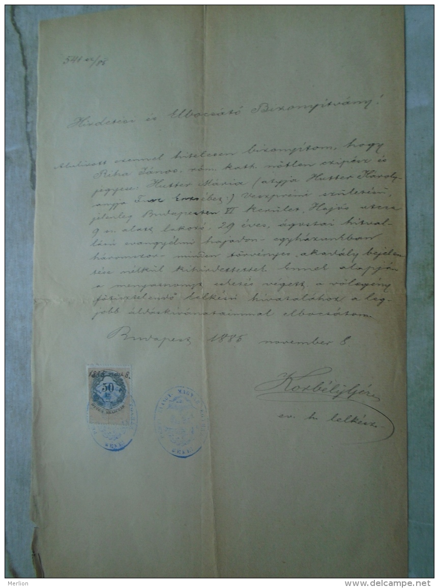 D137988.12 Old Document  Hungary   János RIHA  - Maria HUTTER Veszprém Budapest 1885 - Engagement