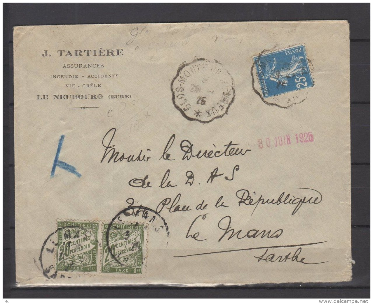 Courriers Convoyeurs -  N° 140 Obli/sur Lettre -  " Glos Monfort A Evreux  " N° 2071  +  Taxe N° 38 X2 - 1926 - Posta Ferroviaria