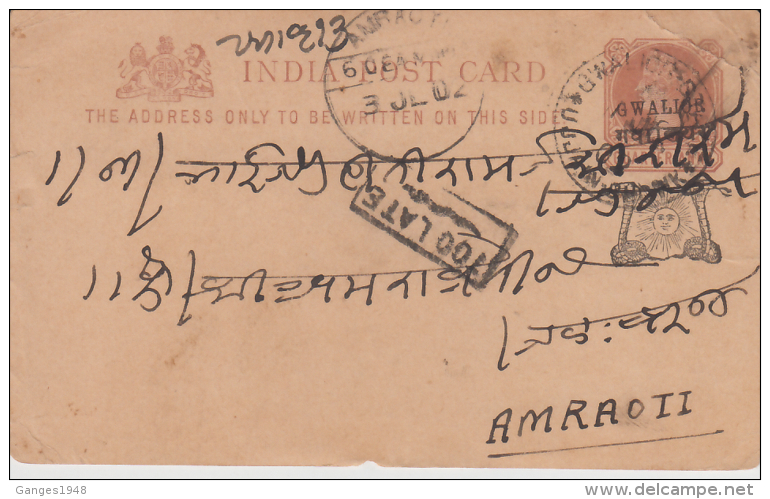 Gwalior  1902  Snakes TOO LATE  QV 1/4A O/p Postcatd To Amraoti  # 91346  Inde Indien - Gwalior