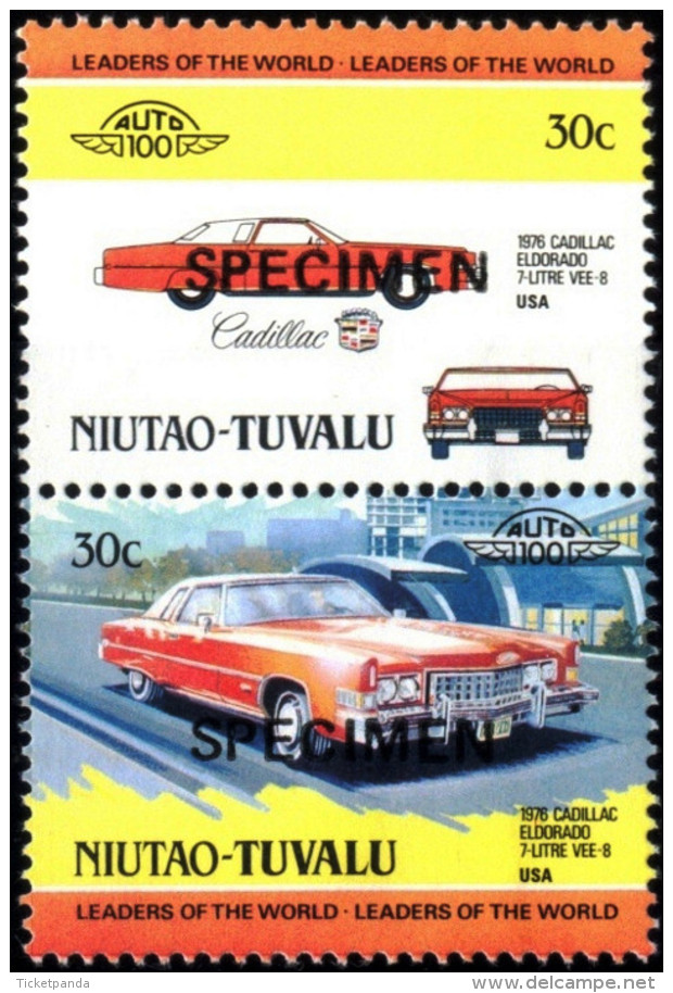 VINTAGE CARS-SPECIMEN-CADILLAC-USA-1976-SETENANT PAIR-TUVALU-30c-MNH-TP-90 - Cars