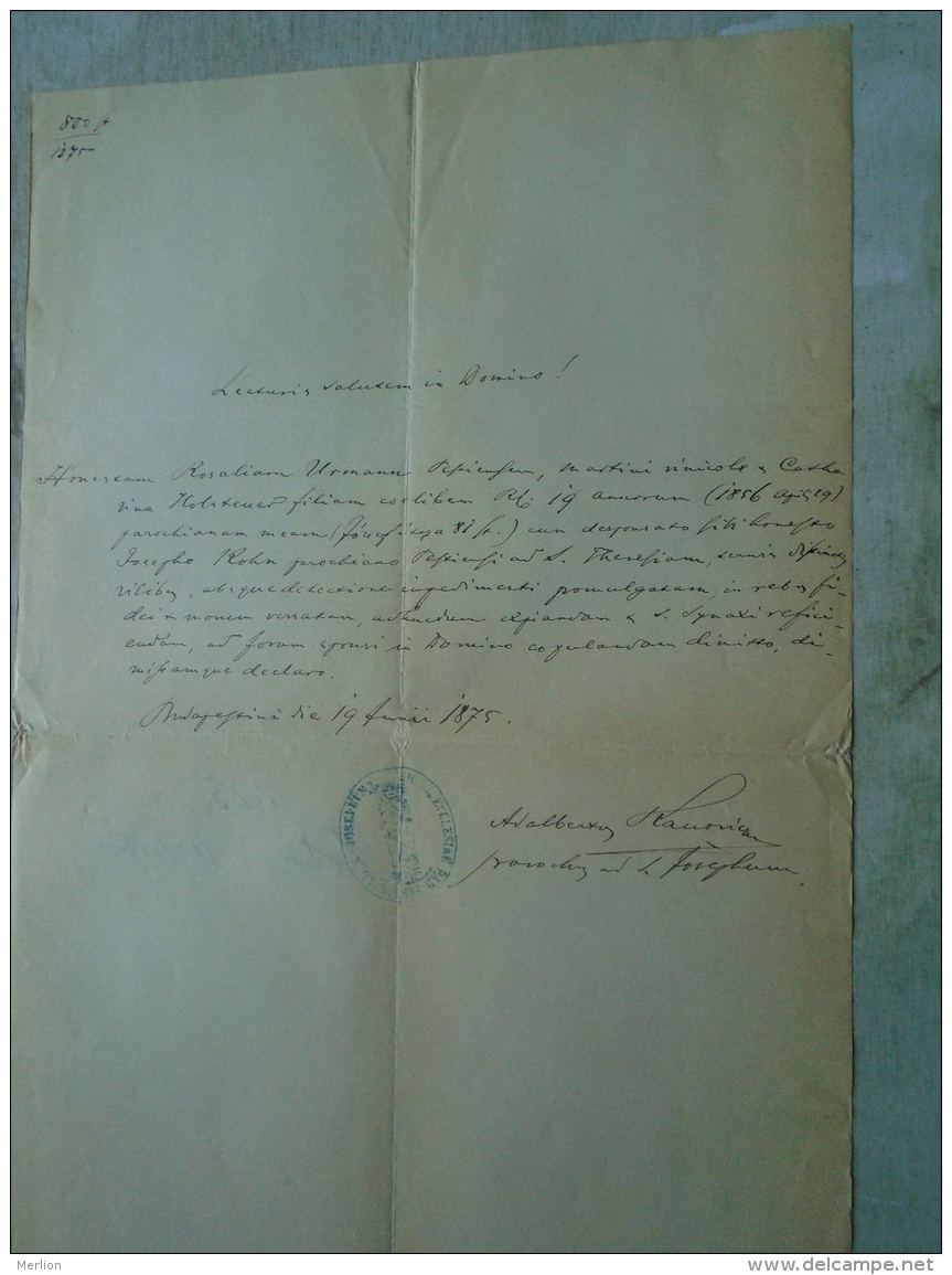 D137988.19 Old Document  Hungary  Rosalia Urmann -Joseph Kohn - 1875 Budapest - Verloving