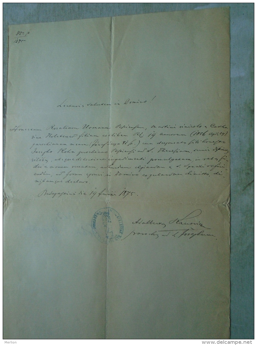 D137988.19 Old Document  Hungary  Rosalia Urmann -Joseph Kohn - 1875 Budapest - Verlobung