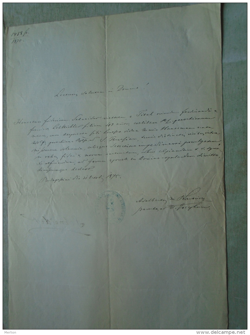 D137988.20 Old Document  Hungary  Maria Hanesmann -Franciscus Leibkichler  -Schneider Budapest 1875 - Engagement