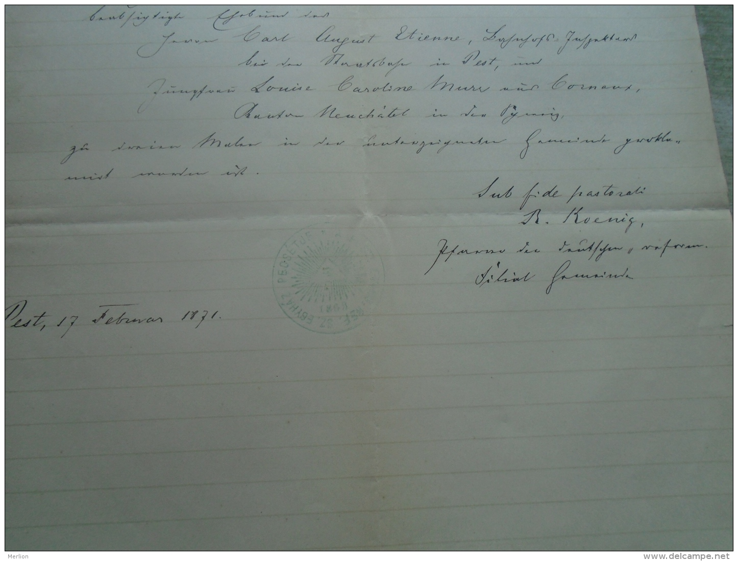 D137988.21 Old Document  Hungary Carl August Etienne -Louise Caroline Murr -Corneaux -Neuchatel -1871 - Engagement