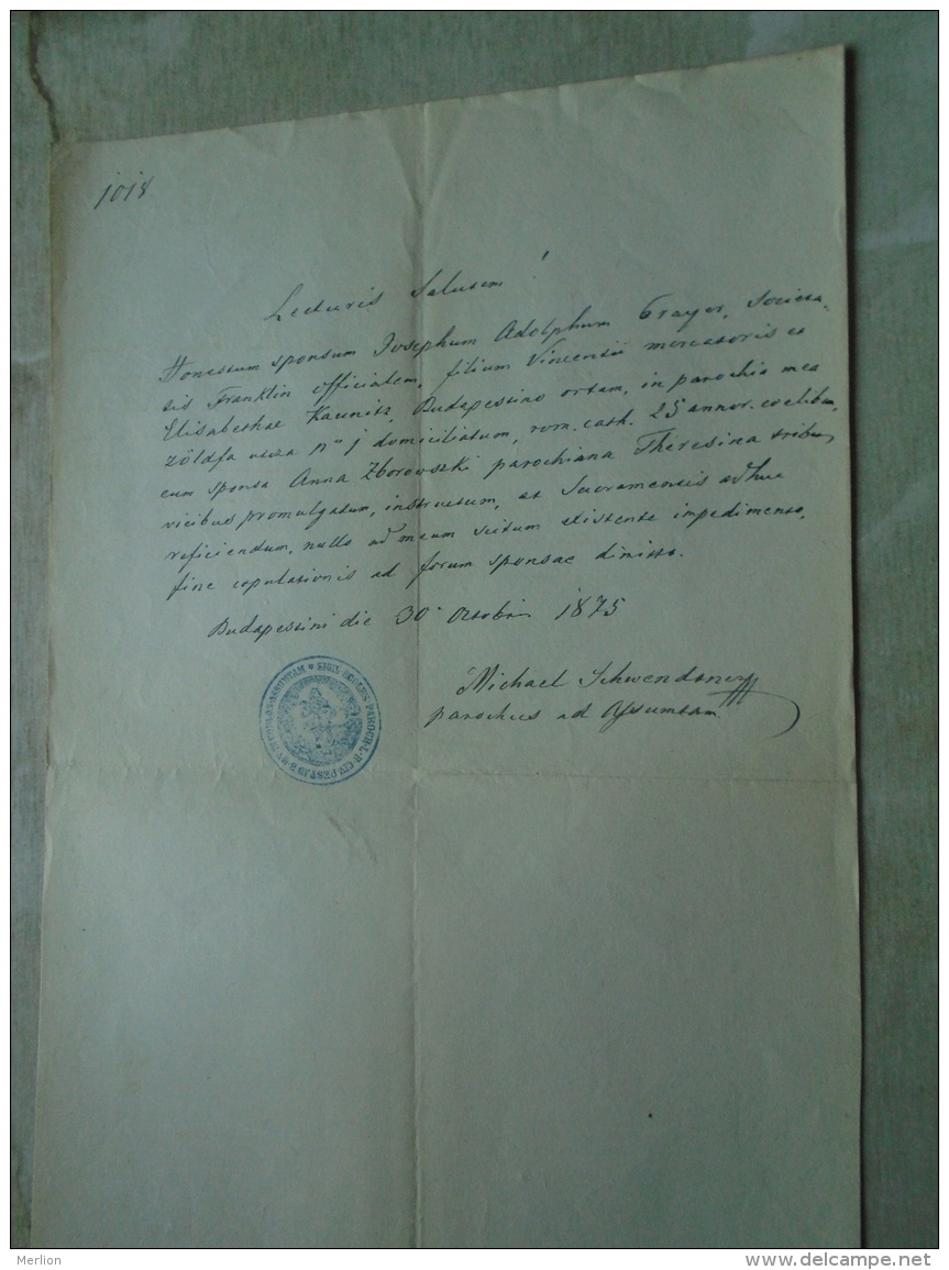 D137988.24 Old Document  Hungary   Joseph Adolph Prayer - Elisabetha Kaunitz -Anna Zborovszki  Budapest 1875 - Engagement