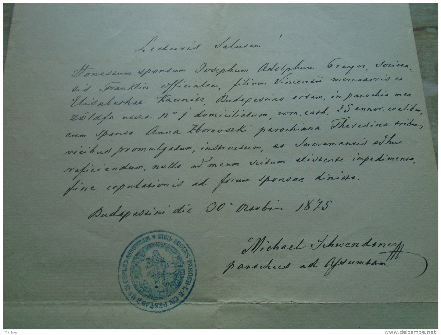 D137988.24 Old Document  Hungary   Joseph Adolph Prayer - Elisabetha Kaunitz -Anna Zborovszki  Budapest 1875 - Verloving