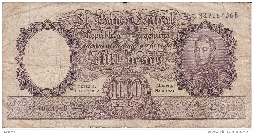 BILLETE DE ARGENTINA DE 1000 PESOS AÑOS 1955 A 1965 EN CALIDAD RC  (BANKNOTE) DIFERENTES FIRMAS (BARCO-SHIP) - Argentine