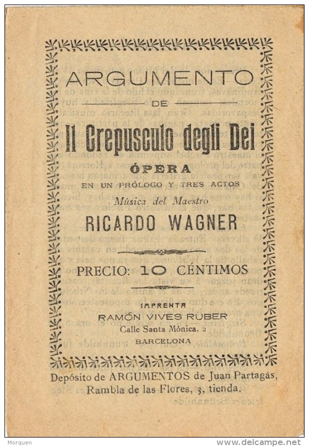 18237. Programa Opera EL CREPUSCULO De Los DIOSES (Ricardo Wagner). Barcelona 1900 - Programas