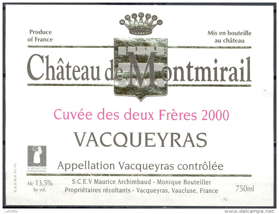 122 - Vacqueyras - 2000 - Château De Montmirail - Cuvée Des Deux Frères - S.C.E.V. Maurice Archimbaud Vacqueyras Vauclus - Red Wines