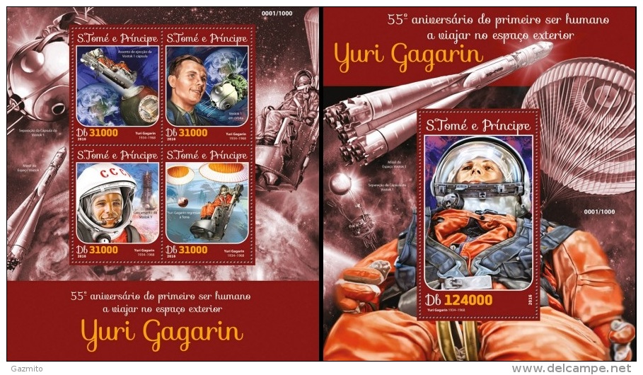 S. Tomè 2016, Space, Gagarin, 4val In BF +BF - Sao Tomé E Principe