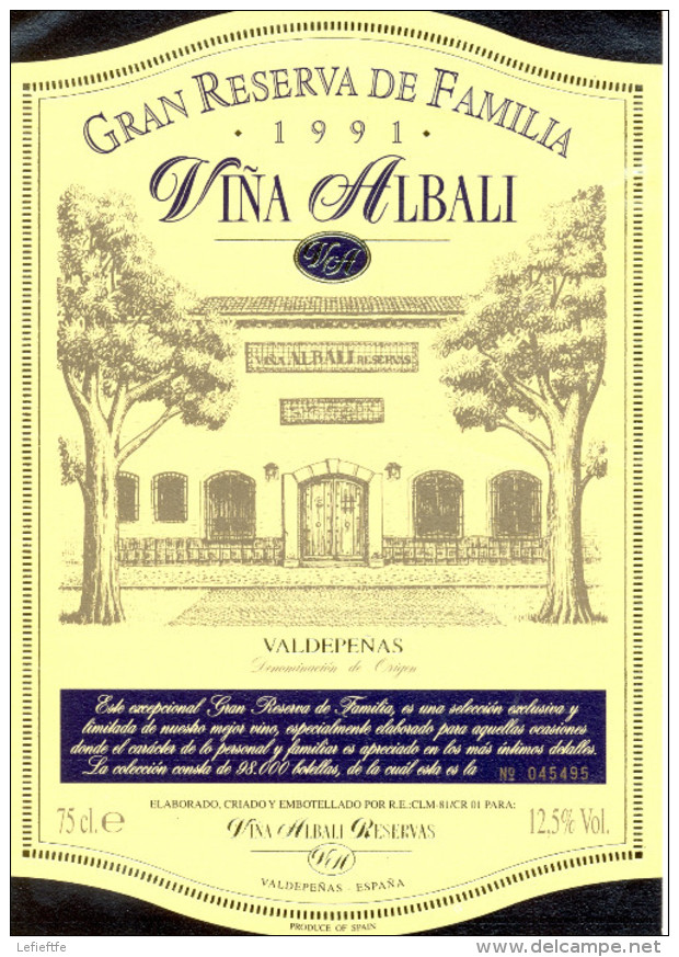 844 - Valdepeñas - 1991 - Viña Albali - Gran Reserva De Familia - CLM-81/CR 01 Valdepeñas - España - Rouges