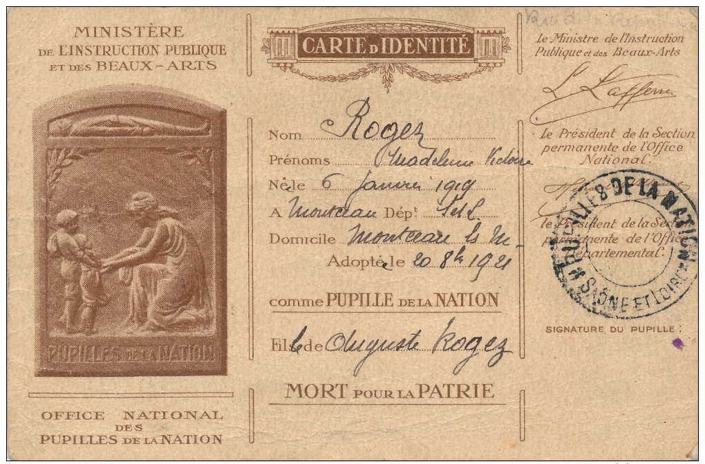 Carte D'identité - Ministère De L'Instruction Publique Et Des Beaux Arts - 1919 - Pupilles De La Nation - Autres & Non Classés