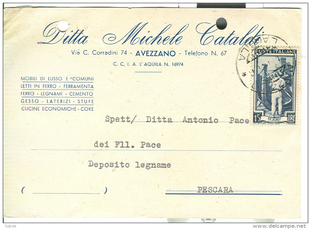 CATALDI MICHELE, AVEZZANO, L'AQUILA, CARTOLINA COMMERCIALE ,1951, POSTE AVEZZANO,PESCARA, - Avezzano