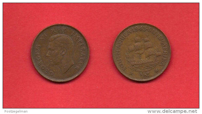 SOUTH AFRICA, 1943,  Circulated Coin, 1/2 Penny, George VI, Km 24, C1398 - Zuid-Afrika