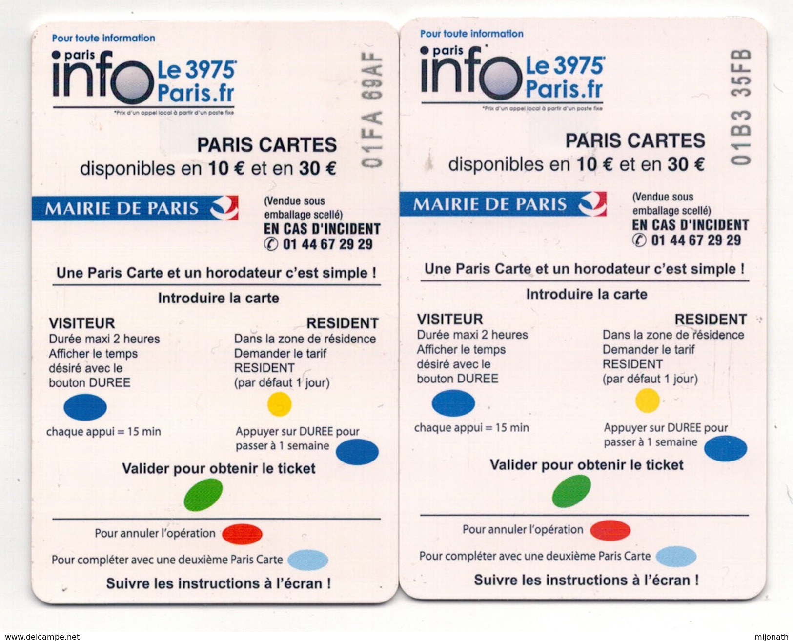 1 Lot De 2 Cartes Stationnement PARIS - Pompiers - 10€ Et  30€ - Scontrini Di Parcheggio