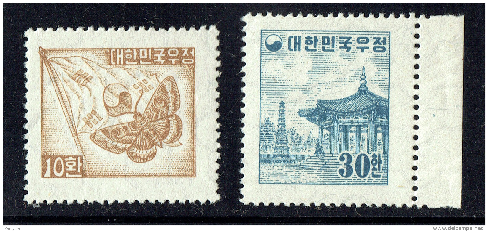 1954   Moth And Flag, Pagoda Park  Sc 202A, 203  MNH ** - Korea, South