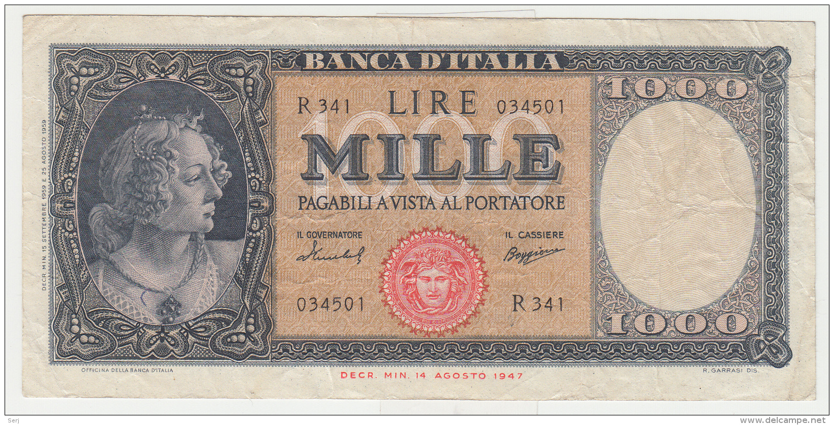 Italy 1000 Lire 1959 VF+ Banknote Pick 88c  88 C - 1000 Lire