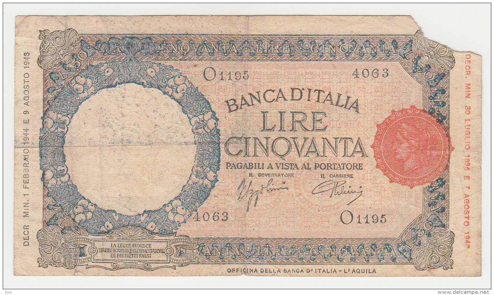 Italy 50 Lire 1944 AVF (missing Corner) RARE Pick 66 - 50 Liras