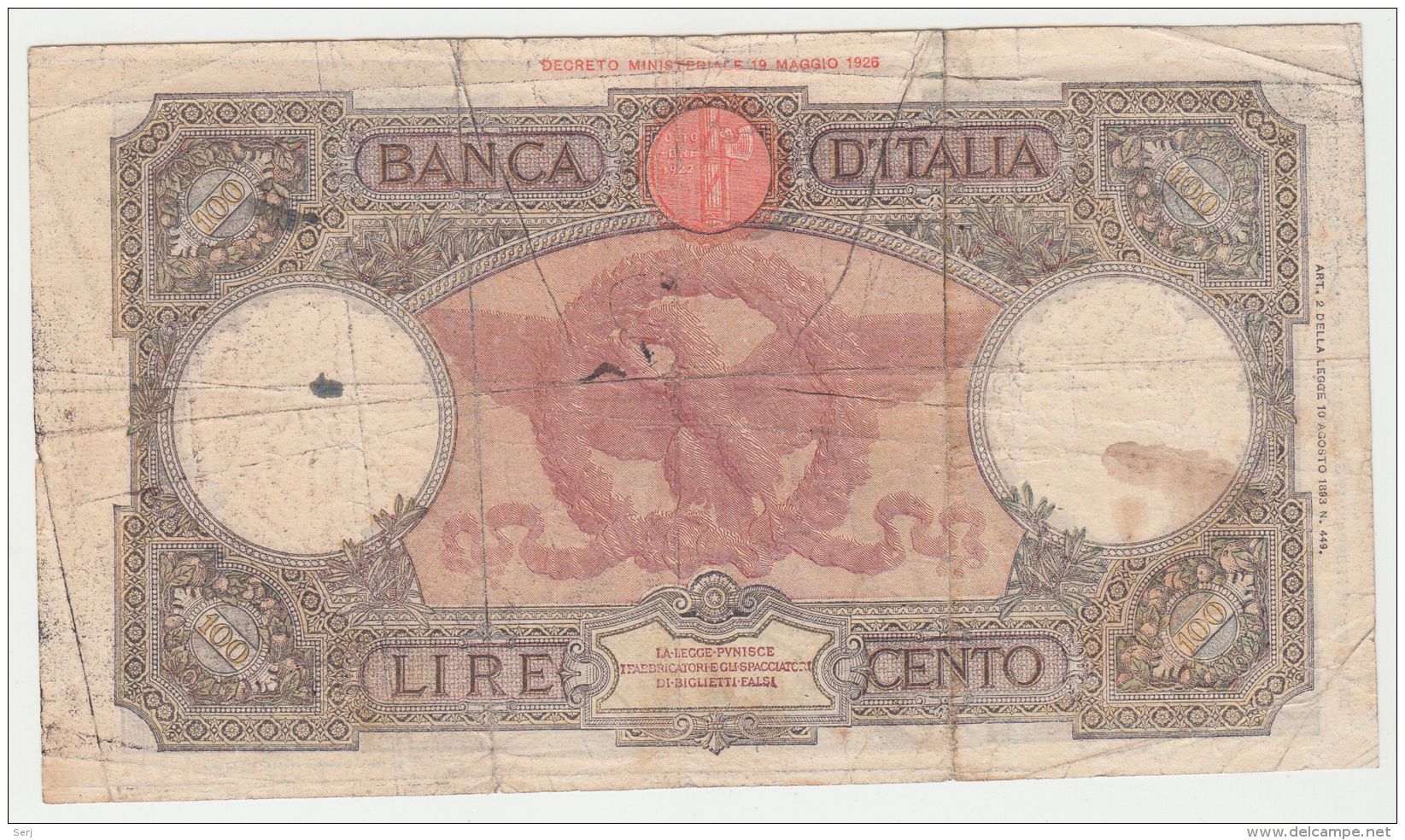 Italy 100 Lire 1943 "F" Pick 60 - 100 Liras