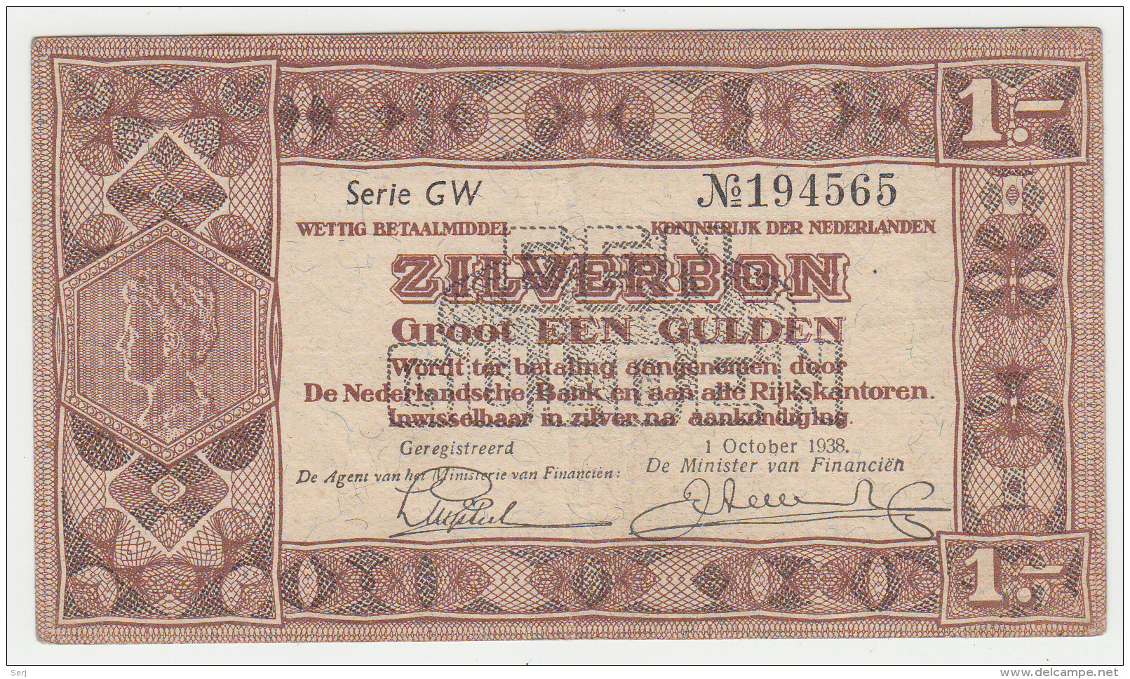 Netherlands 1 Gulden Zilverbon 1938 VF - 1 Gulde