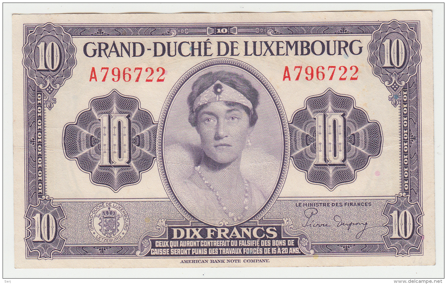 LUXEMBOURG 10 FRANCS 1944 VF++ Pick 44 - Luxembourg