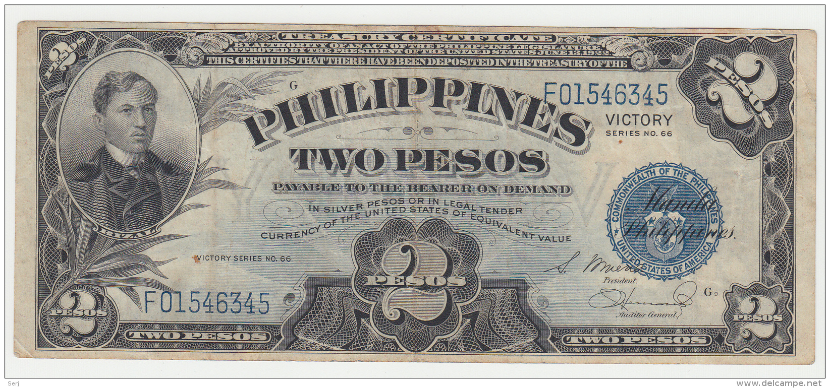 Philippines 2 Peso 1944 VF Victory Over Japan WW 2 - Series G Pick 95 - Filipinas