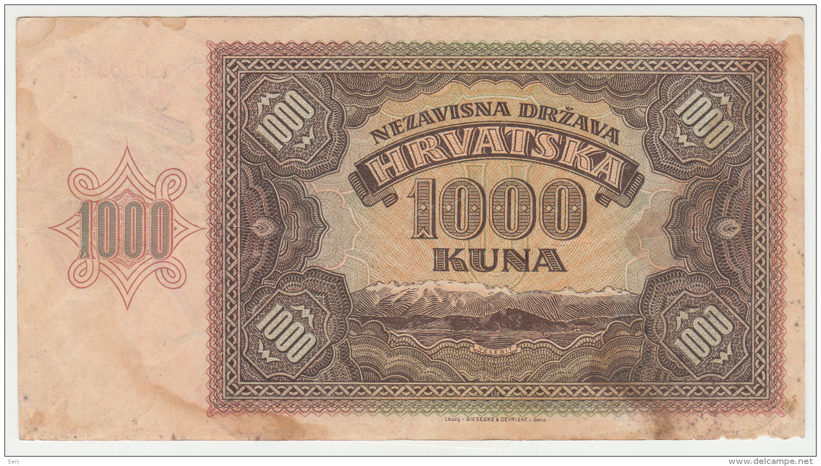 CROATIA 1000 KUNA 1941 "F" Pick 4 - Croatie