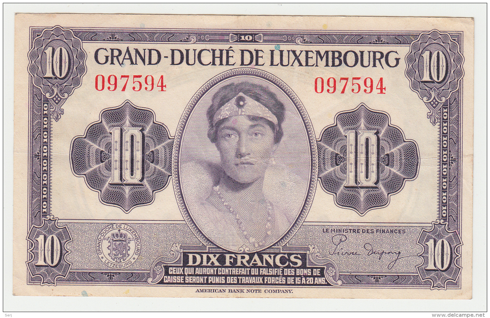 Luxembourg 10 Francs 1944 VF++ CRISP Banknote WWII Pick 44 - Luxembourg