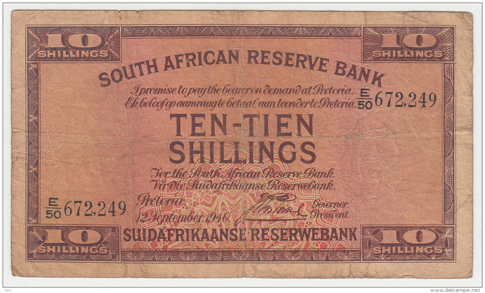 South Africa 10 Shillings 1940 "aF" RARE Banknote Pick 82d  82 D - Afrique Du Sud