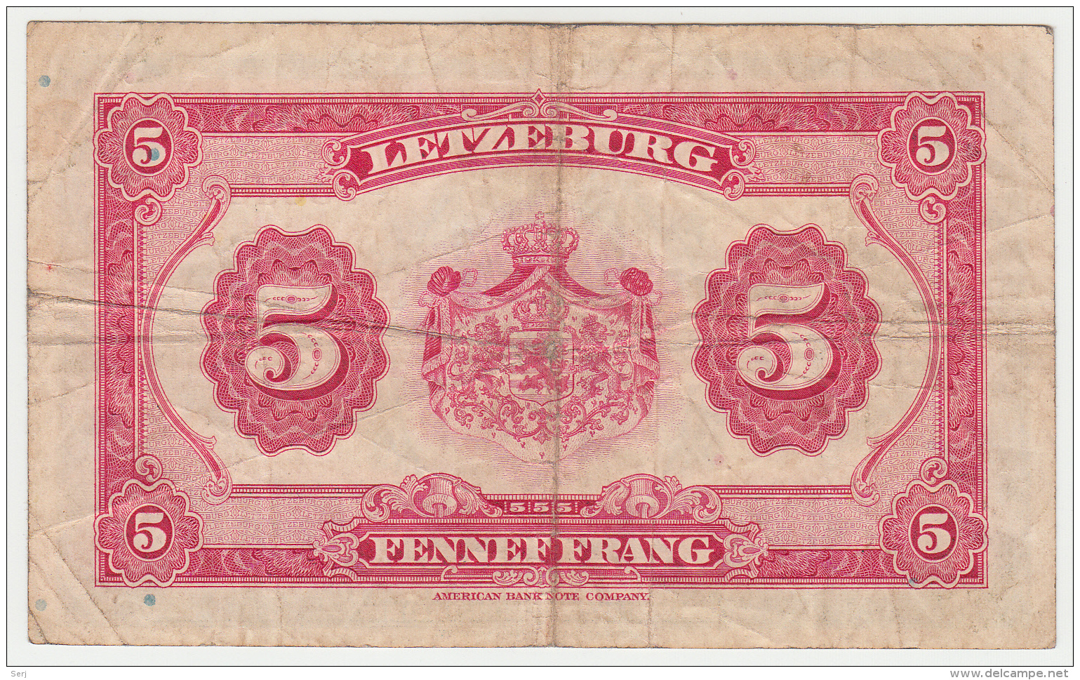 LUXEMBOURG 5 FRANCS 1944 VG+ Pick 43a 43 A - Luxembourg