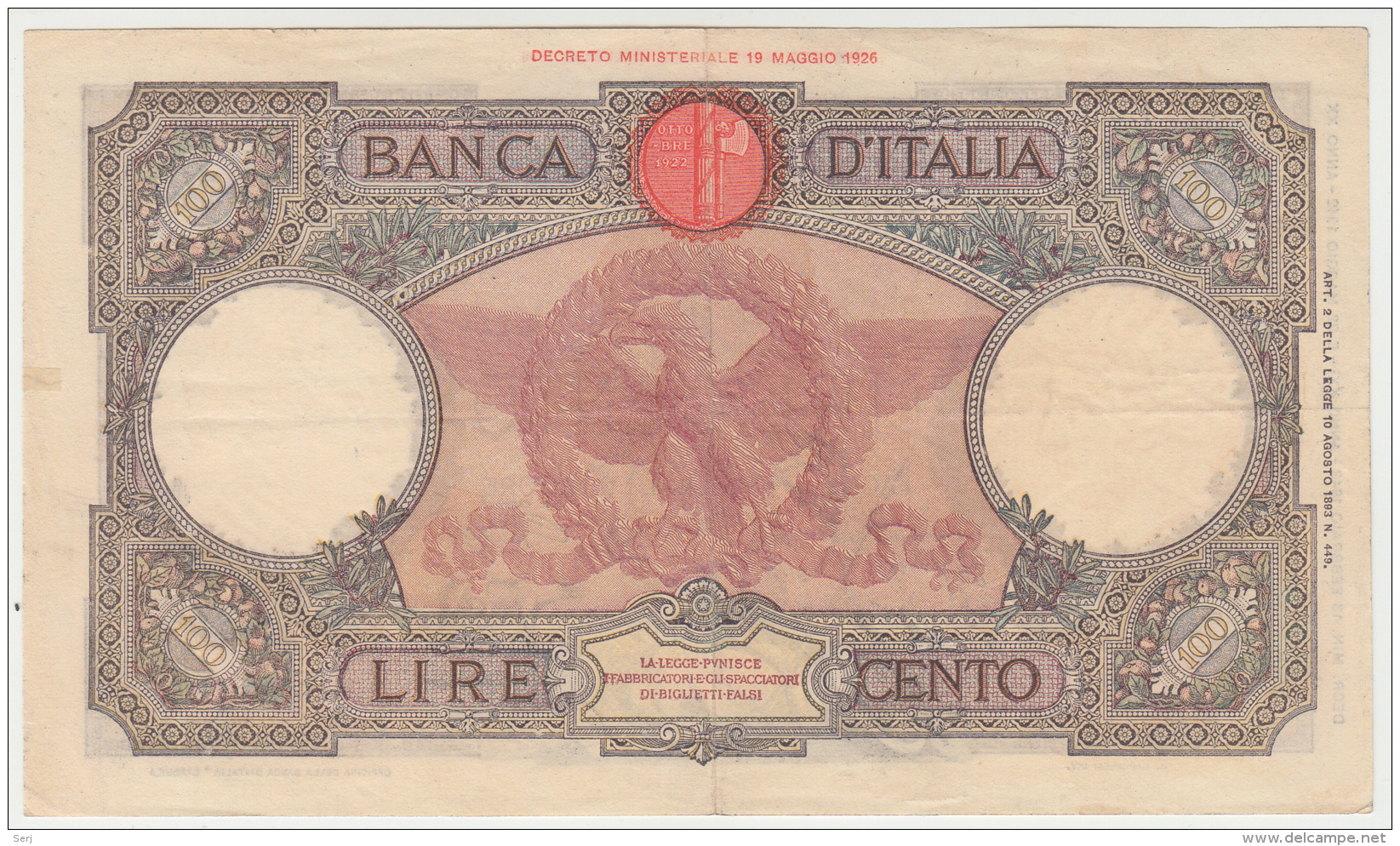 Italy 100 Lire 1943 AVF++ Pick 60 - 100 Lire