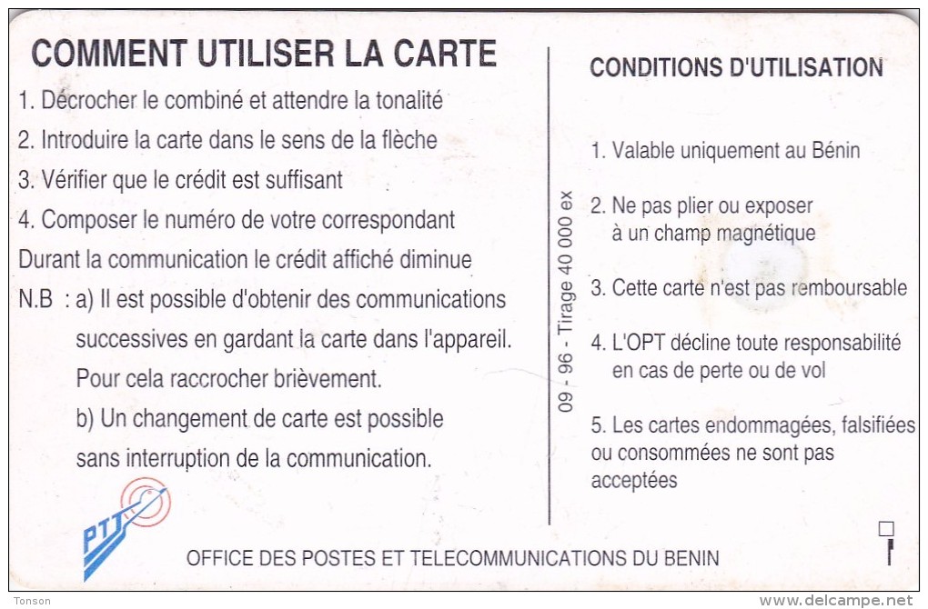 Benin, BEN-20, 50 Unités, Telephone Tariffs 1 , 2 Scans  (09/96, 40.000). - Bénin