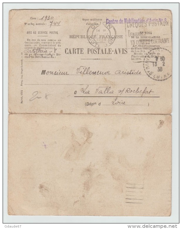 1938 - CARTE POSTALE AVIS De DIJON (COTE D'OR) Du CENTRE DE MOBILISATION D'ARTILLERIE N°8 - Militärstempel Ab 1900 (ausser Kriegszeiten)