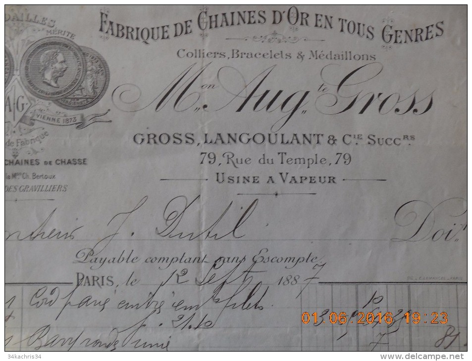 Facture 1887 Paris Fabrique De Chaines D´or Et Tout Genre A. Gross 79 Rue Du Temple - 1800 – 1899