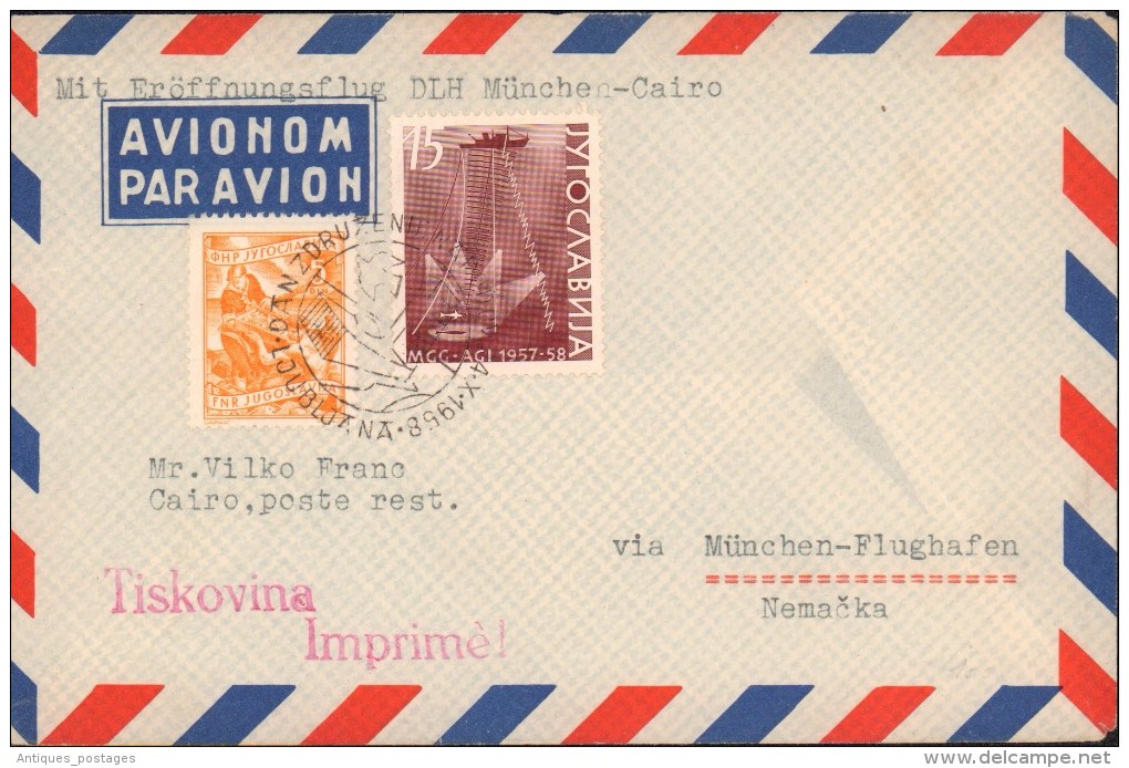 Ljubljana Slovenia Slovénie 1958 Yougoslavie Jugoslavia Via München Flughafen Fröffnungsflug DLH Munchen Cairo Le Caire - Lettres & Documents