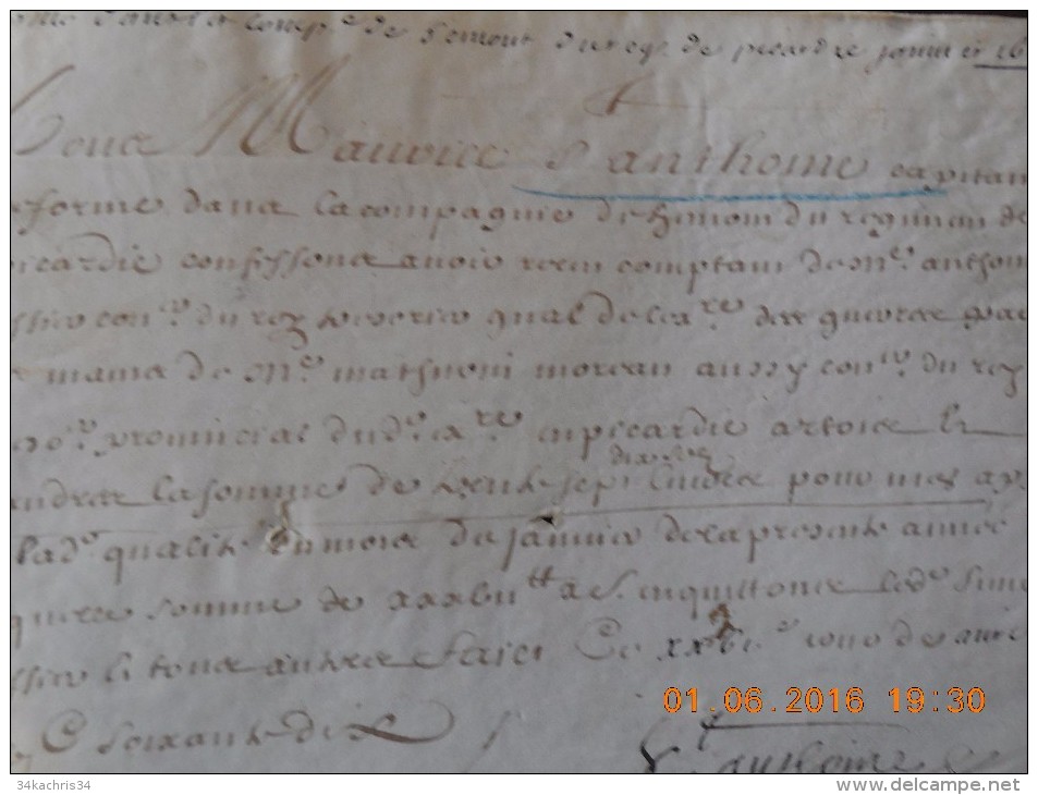 Manuscrit Sur Peau 1670 Régiment De Picardie Réforme Officier - Documentos