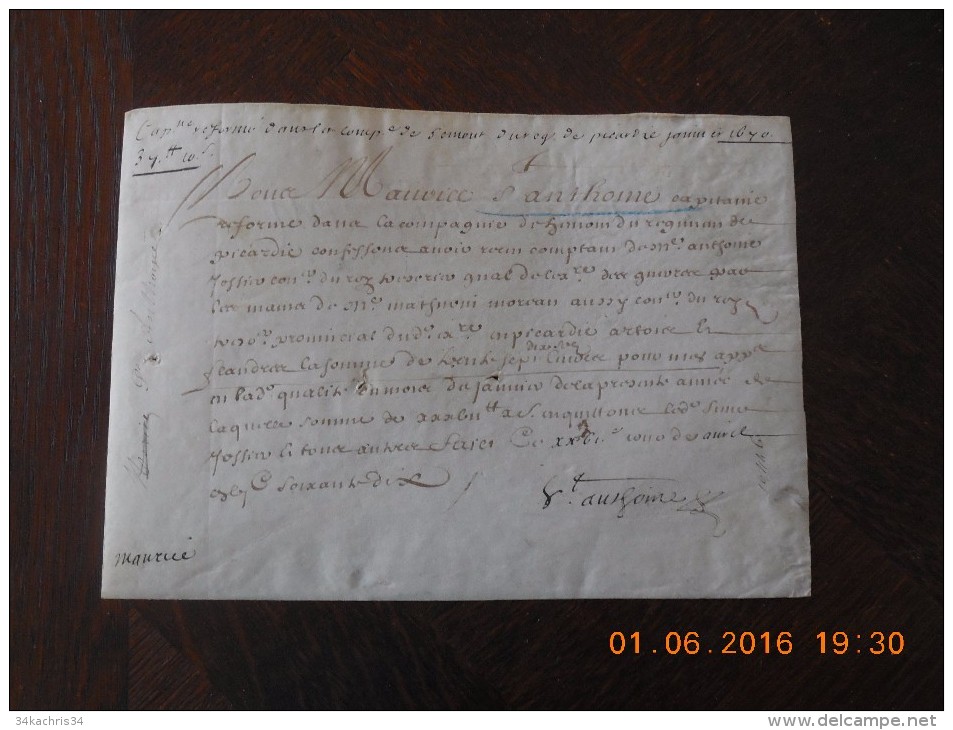 Manuscrit Sur Peau 1670 Régiment De Picardie Réforme Officier - Documents