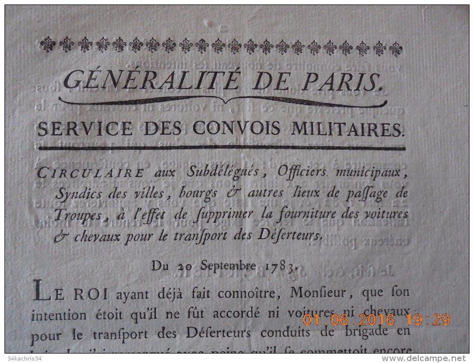 Circulaire Généralité De Paris 20/09/1783 Suppression Fourniture Voitures/chevaux Pour Le Transport Des Déserteurs - Documents