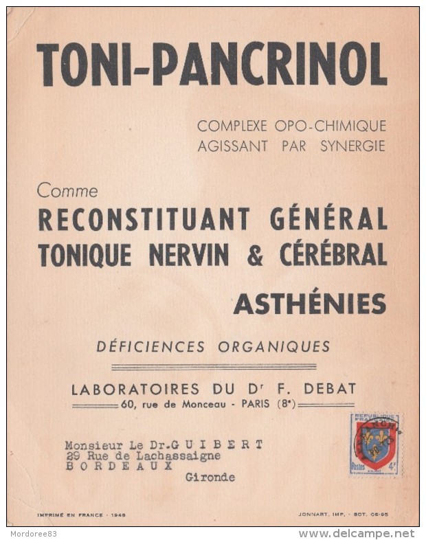 PREO ANJOU 4F SUR CARTE PUB MEDICAMENT TONI PANCRINOL POUR BORDEAUX GIRONDE       TDA116 - Pharmacy