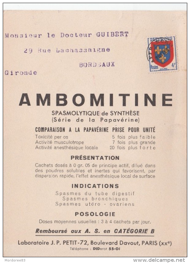 PREO ANJOU 4F SUR CARTE PUB MEDICAMENT AMBOMITINE POUR BORDEAUX GIRONDE       TDA116 - Pharmacy