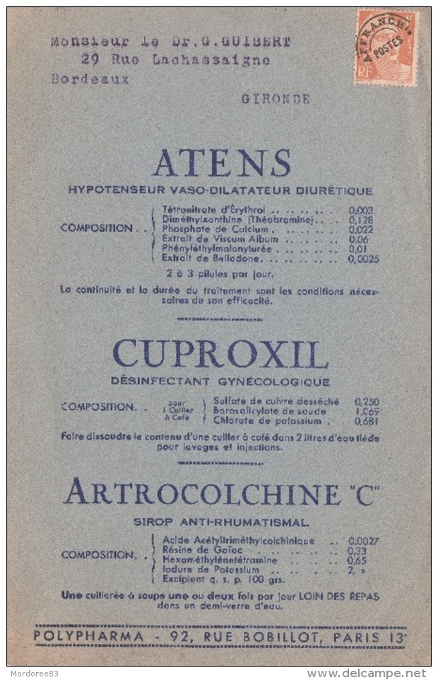 PREO GANDON 4F SUR CARTE PUB MEDICAMENT NESAL ATENS CUPROXIL ARTROCOLCHINE PLYPHARMA POUR BORDEAUX GIRONDE       TDA116 - Pharmacy