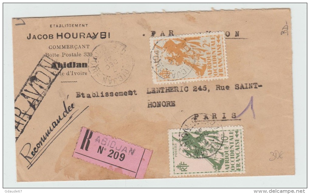 1946 - ENVELOPPE RECOMMANDEE D'ABIDJAN (COTE D'IVOIRE / AOF) - Lettres & Documents