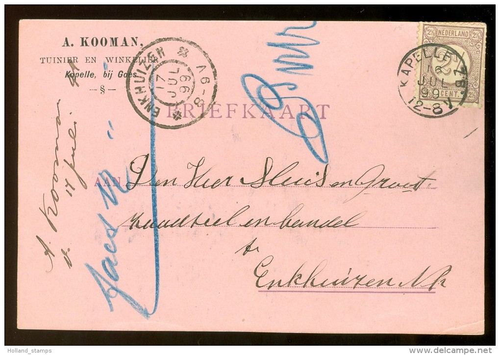 HANDGESCHREVEN BRIEFKAART Uit 1899 GELOPEN Van KLEINRONDSTEMPEL KAPELLE Z.B. Naar ENKHUIZEN  NVPH 33 *  (10.458i) - Brieven En Documenten