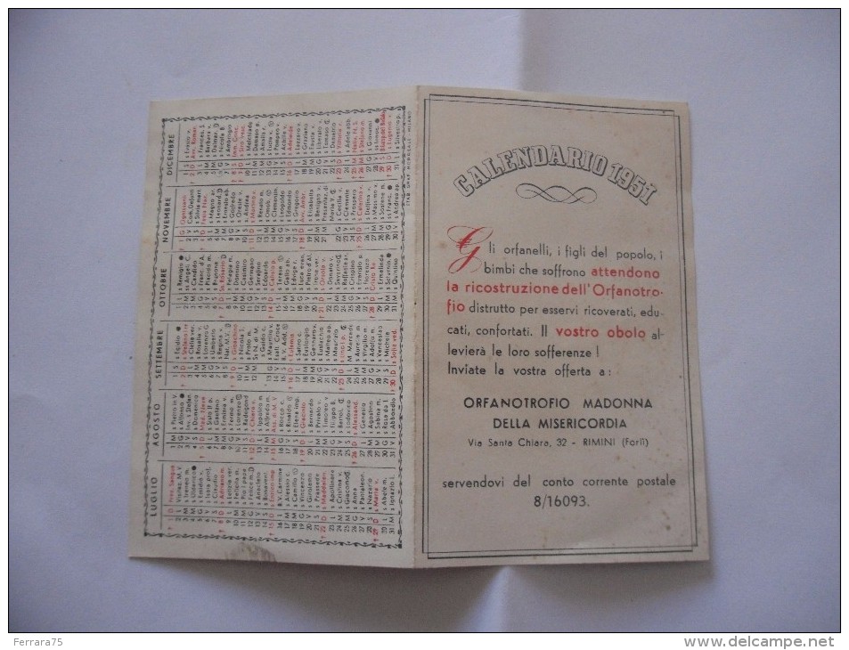 CALENDARIO ORFANOTROFIO MADONNA DELLA MISERICORDIA RIMINI 1951 - Formato Piccolo : 1941-60