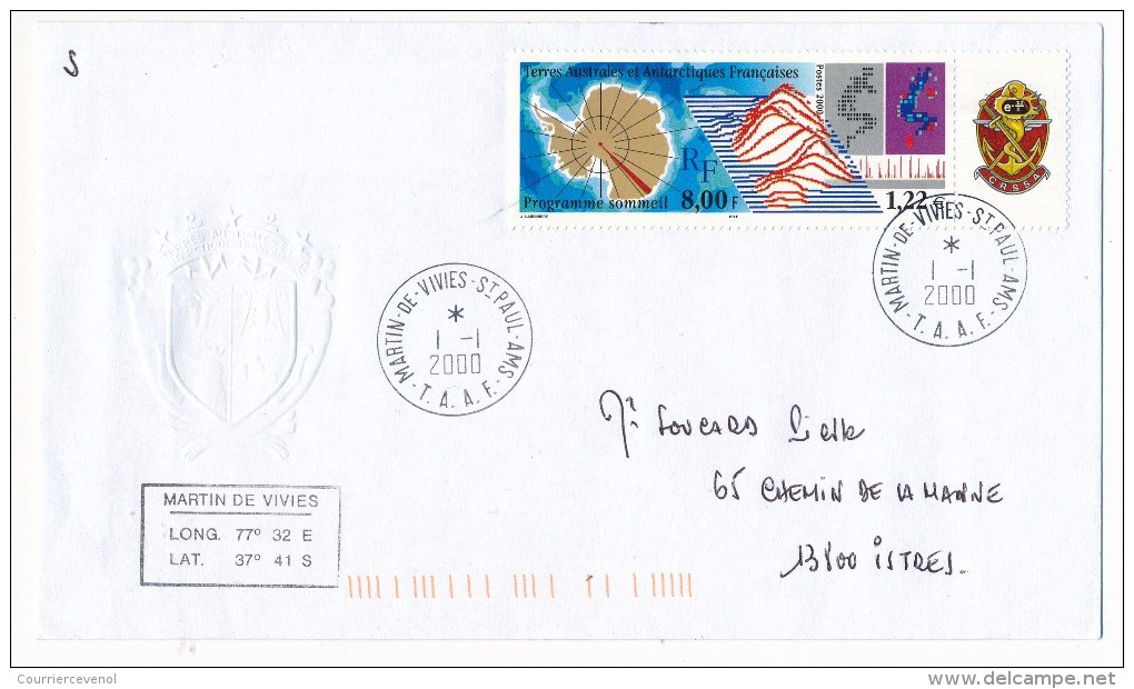 Enveloppe TAAF Affranchie "Programme Sommeil" Obl "Martin De Vivies - St Paul Ams" Du 1-1-2000 - Covers & Documents